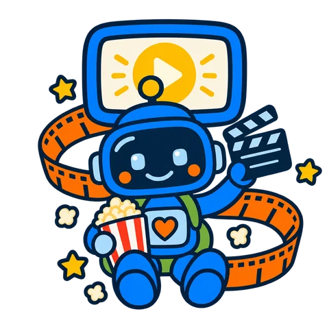 Bipo mit Filmklappe und Popcorn vor einer Leinwand mit Play-Knopf