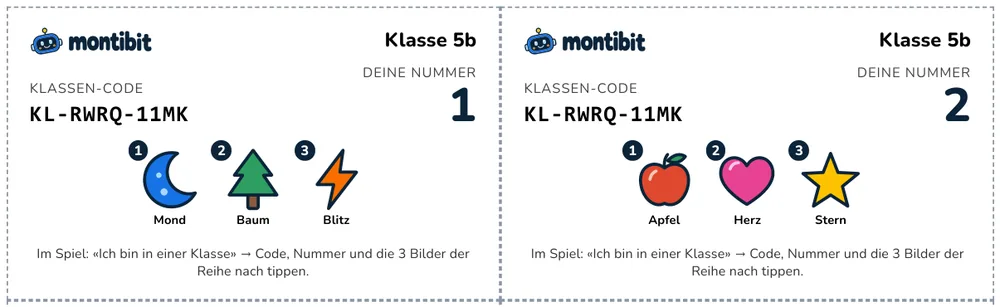 Zwei Kärtchen zum Ausschneiden: Klasse 5b, Klassen-Code, Nummer 1 mit Mond, Baum, Blitz und Nummer 2 mit Apfel, Herz, Stern