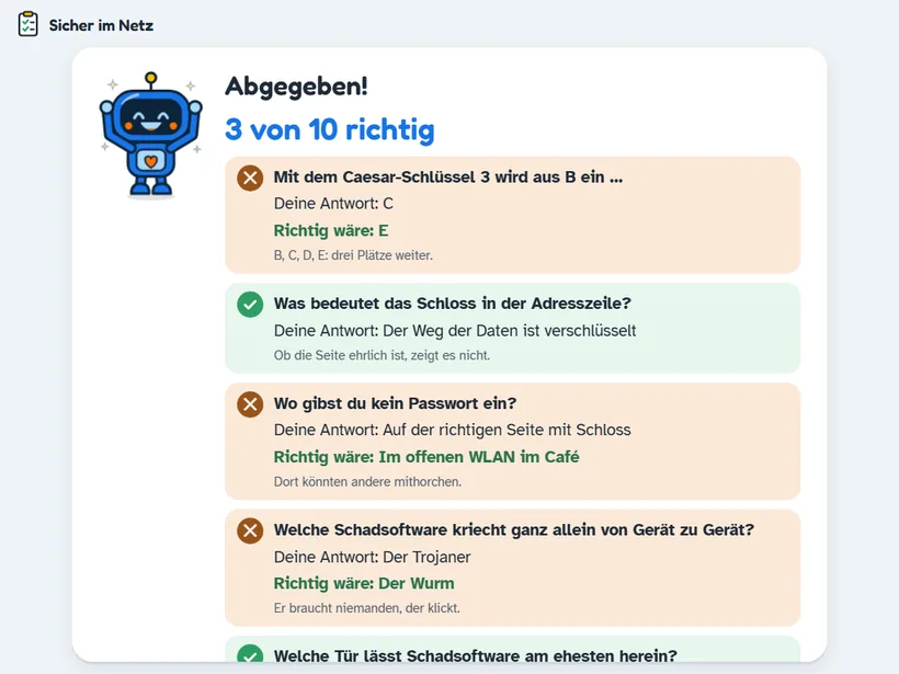 Ergebnis im Spiel nach dem Abgeben: 3 von 10 richtig, jede Frage mit der eigenen Antwort, der richtigen Antwort und einer kurzen Erklärung