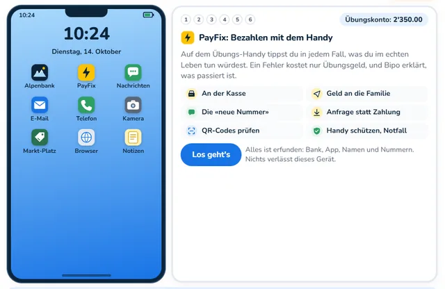 So sieht die Werkstatt «Übungs-Bank: Bezahlen mit dem Handy» aus